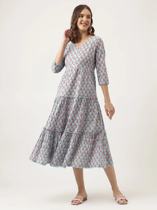 Instant Discount Sky Blue Floral printed Cotton Tired Dress