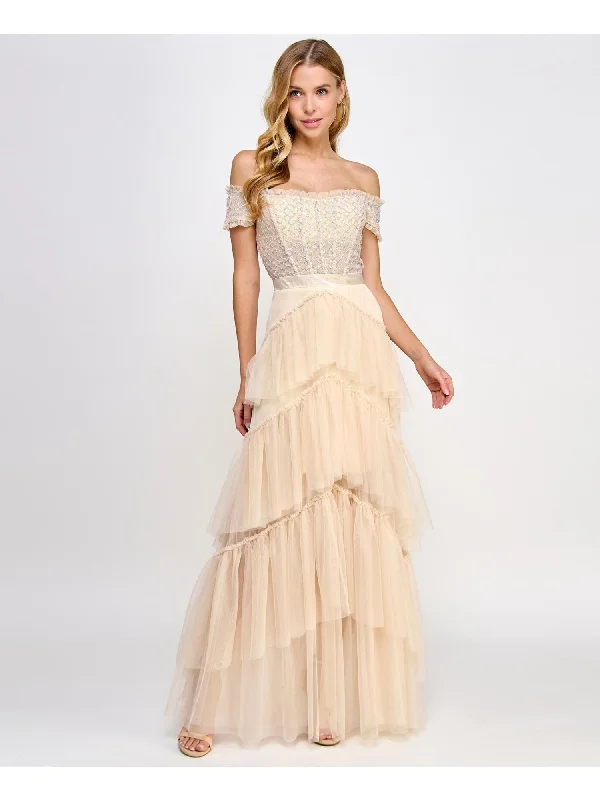 Online Exclusive CITY STUDIO Womens Beige Sequined Zippered Boned Bodice Tiered Skirt Short Sleeve Off Shoulder Full-Length Prom Gown Dress Online Exclusive CITY STUDIO Womens Beige Sequined Zippered Boned Bodice Tiered Skirt Short Sleeve Off Shoulder Full-Length Prom Gown Dress