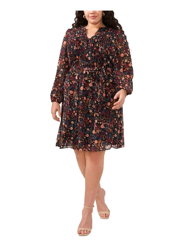 Exclusive Access MSK WOMEN Womens Black Lined Pintuck Button-top Tie-belt Floral Balloon Sleeve Split Above The Knee Wear To Work Fit + Flare Dress