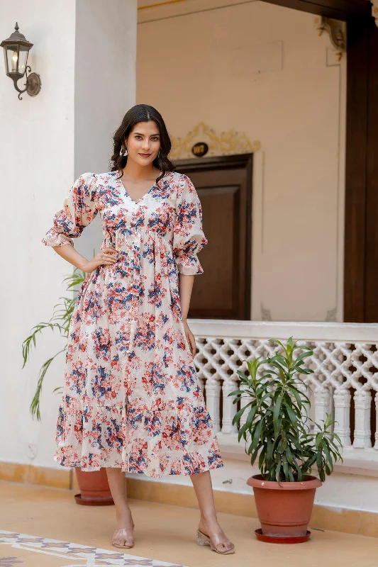 Online Specials Wome Off-White Floral Printed Flared Dress With Three quarter Sleeves Online Specials Wome Off-White Floral Printed Flared Dress With Three quarter Sleeves