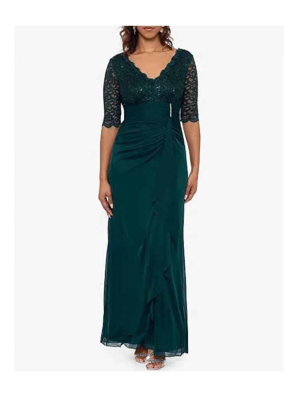 Act Now BETSY & ADAM Womens Green Zippered Scalloped Ruched Waterfall Ruffle V-back Elbow Sleeve V Neck Full-Length Formal Gown Dress Act Now BETSY & ADAM Womens Green Zippered Scalloped Ruched Waterfall Ruffle V-back Elbow Sleeve V Neck Full-Length Formal Gown Dress