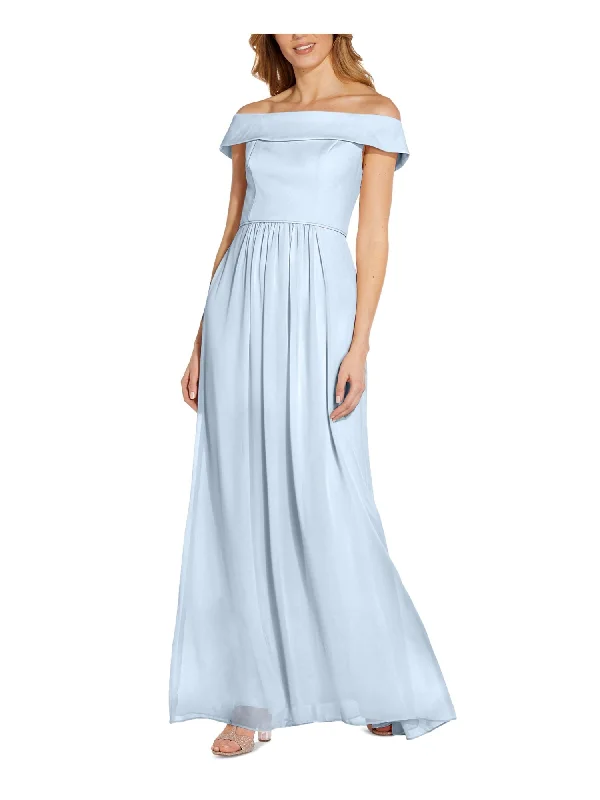 Major Savings ADRIANNA PAPELL Womens Light Blue Pleated Zippered Chiffon Short Sleeve Off Shoulder Maxi Formal Fit + Flare Dress Major Savings ADRIANNA PAPELL Womens Light Blue Pleated Zippered Chiffon Short Sleeve Off Shoulder Maxi Formal Fit + Flare Dress