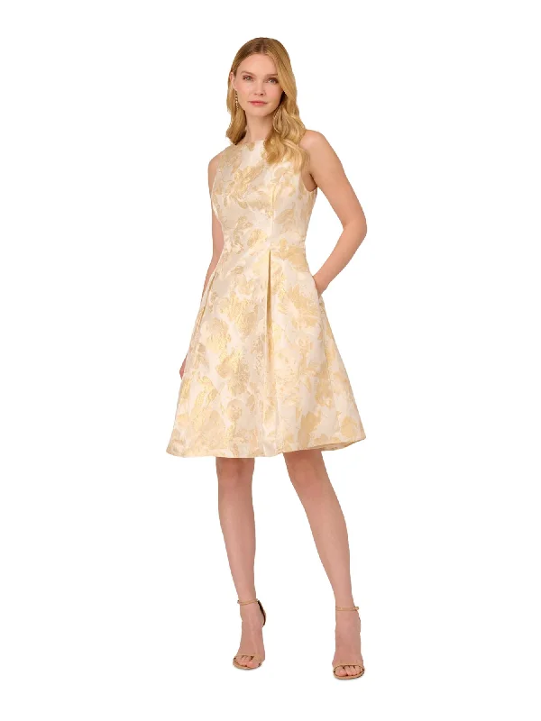 Final Clearance ADRIANNA PAPELL Womens Beige Zippered Pleated Cut Out Back Lined Sleeveless Boat Neck Above The Knee Party Fit + Flare Dress Final Clearance ADRIANNA PAPELL Womens Beige Zippered Pleated Cut Out Back Lined Sleeveless Boat Neck Above The Knee Party Fit + Flare Dress