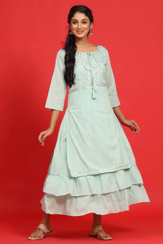 Price Drop Women Sage Green Cotton Embellished Dress