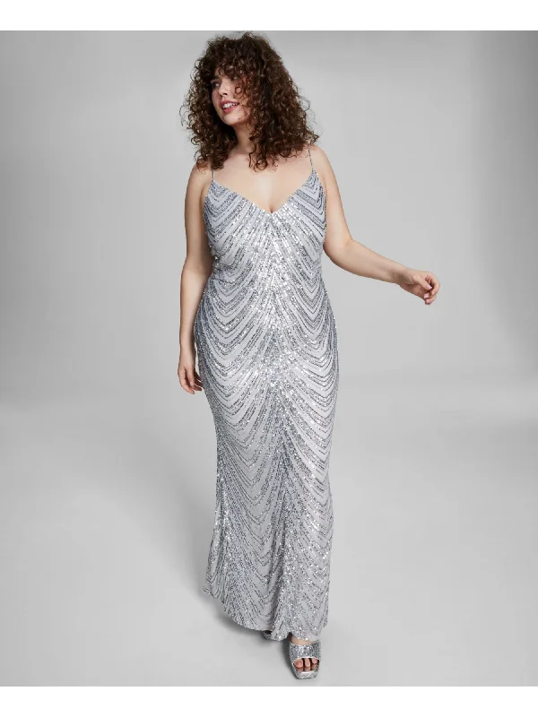 Act Fast B DARLIN Womens Silver Zippered Lined Spaghetti Strap V Neck Full-Length Prom Gown Dress Act Fast B DARLIN Womens Silver Zippered Lined Spaghetti Strap V Neck Full-Length Prom Gown Dress