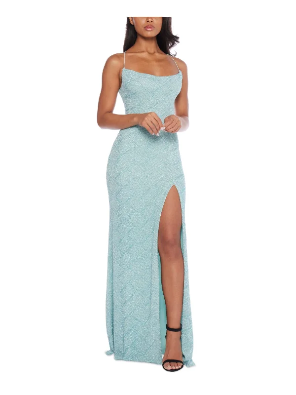 Year-End Clearance B DARLIN Womens Green Slitted Lined Crisscross Open Back High-slit Spaghetti Strap Cowl Neck Full-Length Formal Gown Dress Year-End Clearance B DARLIN Womens Green Slitted Lined Crisscross Open Back High-slit Spaghetti Strap Cowl Neck Full-Length Formal Gown Dress