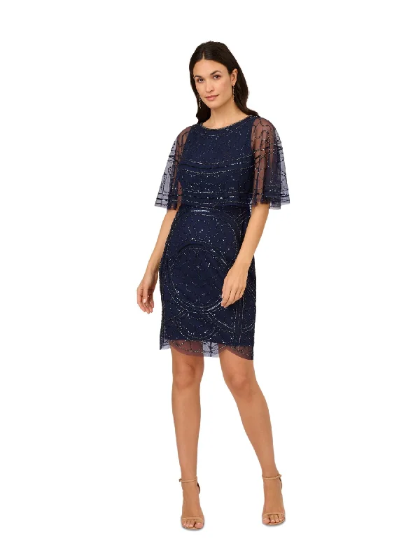 Low Prices PAPELL STUDIO Womens Navy Zippered Scalloped Lined Embellished Capelet Overla Short Sleeve Round Neck Above The Knee Cocktail Sheath Dress