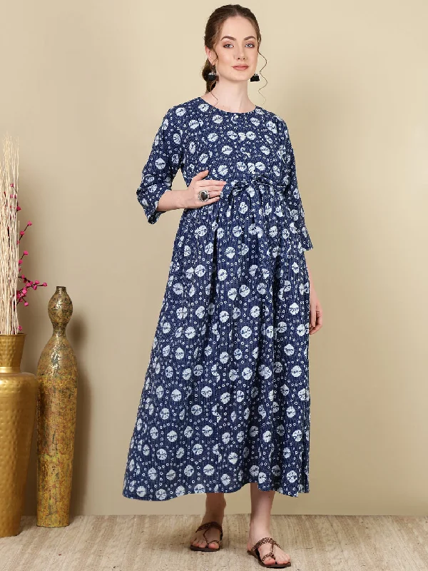 Savings Spectacular Women Navy Blue Printed Flared Maternity Dress