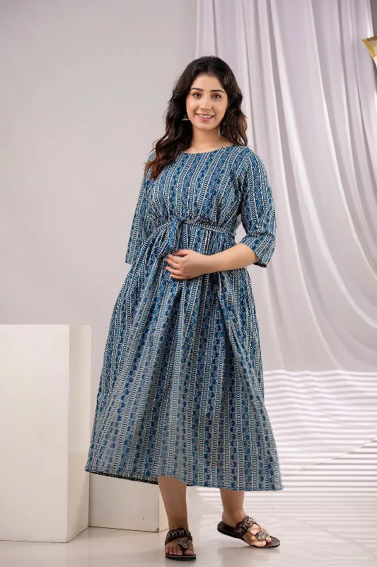 Great Bargains Navy Blue Printed Maternity Dress For Women