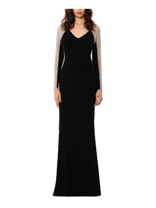 Sneak Peek Sale XSCAPE Womens Black Embellished Zippered Mesh Long Sleeve V Neck Full-Length Evening Mermaid Dress