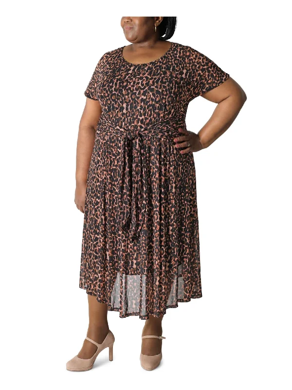 Special Buy SIGNATURE BY ROBBIE BEE Womens Black Stretch Tie Sheer Lined Printed Short Sleeve Round Neck Midi Wear To Work Fit + Flare Dress Special Buy SIGNATURE BY ROBBIE BEE Womens Black Stretch Tie Sheer Lined Printed Short Sleeve Round Neck Midi Wear To Work Fit + Flare Dress