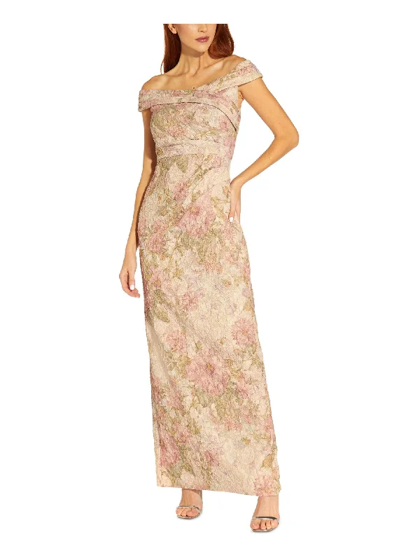 Great Bargains ADRIANNA PAPELL Womens Pink Pleated Zippered Slit Back Hem Lined Floral Short Sleeve Off Shoulder Full-Length Evening Sheath Dress Great Bargains ADRIANNA PAPELL Womens Pink Pleated Zippered Slit Back Hem Lined Floral Short Sleeve Off Shoulder Full-Length Evening Sheath Dress