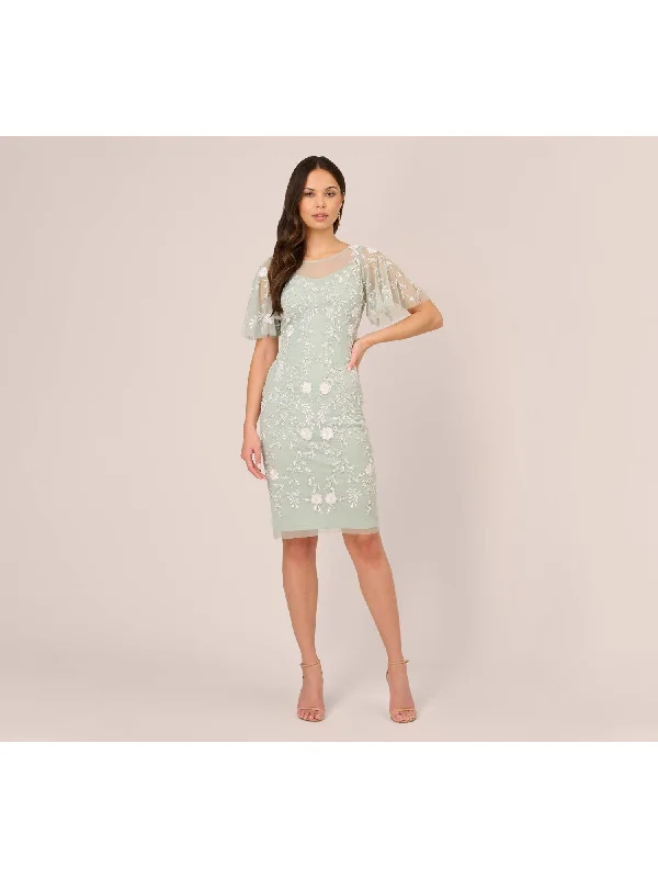 Early Access ADRIANNA PAPELL Womens Green Embroidered Zippered Illusion Lined Sheer Floral Flutter Sleeve Boat Neck Knee Length Cocktail Sheath Dress Early Access ADRIANNA PAPELL Womens Green Embroidered Zippered Illusion Lined Sheer Floral Flutter Sleeve Boat Neck Knee Length Cocktail Sheath Dress
