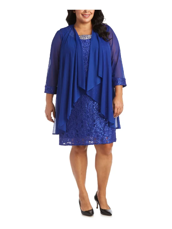 Sale Event R&M RICHARDS Womens Blue Beaded Waterfall 3/4 Sleeve Jacket Sleeveless Jewel Neck Above The Knee Party Shift Dress