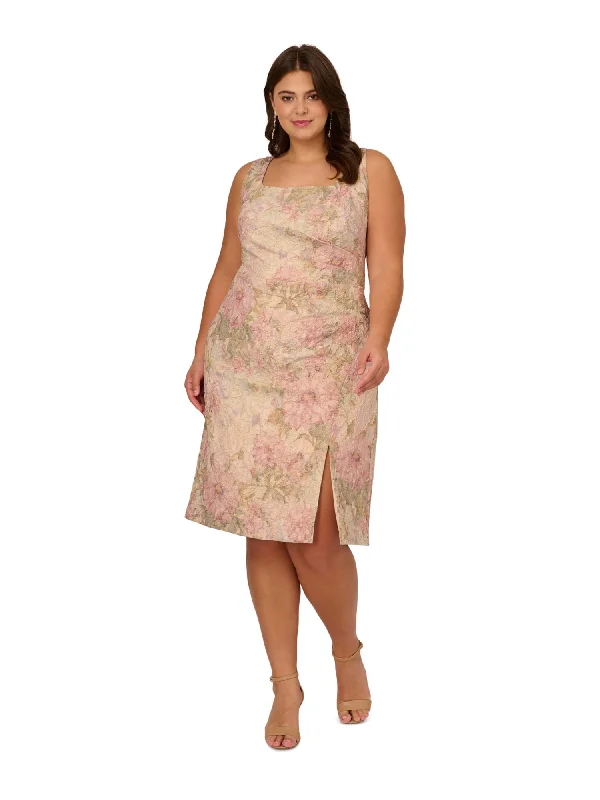 Best Bargains ADRIANNA PAPELL Womens Beige Metallic Zippered Slitted Lined Textured Pleated Floral Sleeveless Square Neck Knee Length Sheath Dress Best Bargains ADRIANNA PAPELL Womens Beige Metallic Zippered Slitted Lined Textured Pleated Floral Sleeveless Square Neck Knee Length Sheath Dress