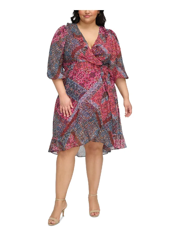 Last Chance JESSICA HOWARD Womens Pink Ruffled Zippered Tie Front Hi-lo Hem Lined Printed 3/4 Sleeve Surplice Neckline Knee Length Wear To Work Faux Wrap Dress Last Chance JESSICA HOWARD Womens Pink Ruffled Zippered Tie Front Hi-lo Hem Lined Printed 3/4 Sleeve Surplice Neckline Knee Length Wear To Work Faux Wrap Dress