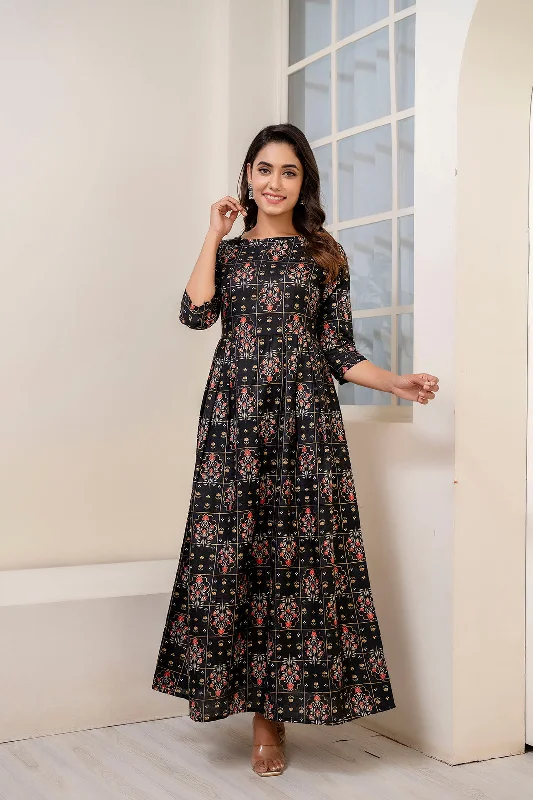 Quick Sale Women Black Ethnic Printed Dress with Gather