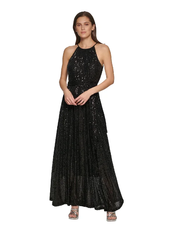Exclusive Offers DKNY Womens Black Sequined Zippered Tie-belt Sleeveless Halter Maxi Party Gown Dress