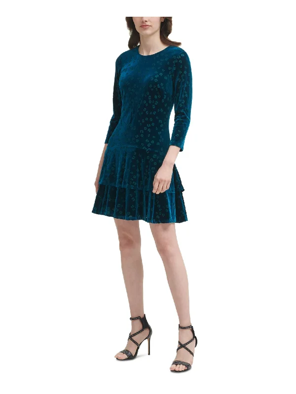 Steals and Deals DKNY Womens Green Stretch Zippered Tiered Ruffled Hem Printed 3/4 Sleeve Crew Neck Short Evening Fit + Flare Dress Steals and Deals DKNY Womens Green Stretch Zippered Tiered Ruffled Hem Printed 3/4 Sleeve Crew Neck Short Evening Fit + Flare Dress