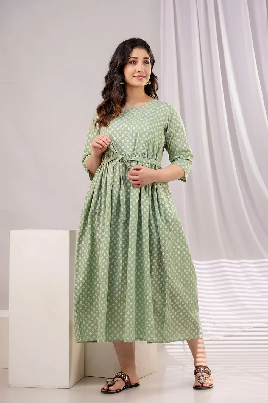 Discount Mania Green Printed Maternity Dress For Women