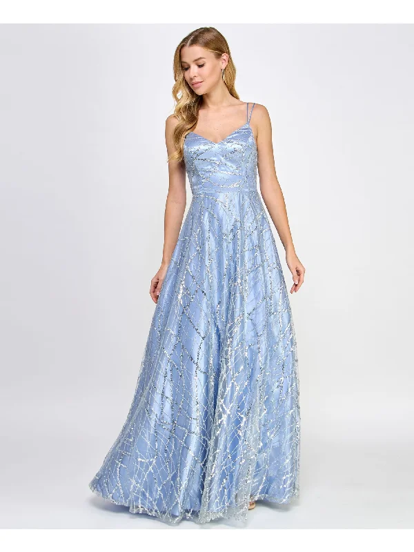 Limited Edition SAY YES TO THE PROM Womens Light Blue Zippered Sequined Strappy Mesh Glitter Lined Padde Spaghetti Strap V Neck Full-Length Formal Fit + Flare Dress Limited Edition SAY YES TO THE PROM Womens Light Blue Zippered Sequined Strappy Mesh Glitter Lined Padde Spaghetti Strap V Neck Full-Length Formal Fit + Flare Dress