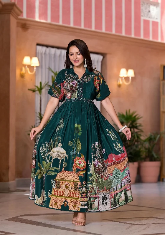 Price Fest Green Crepe Abstract Printed Dress With Beads Work & Sequins