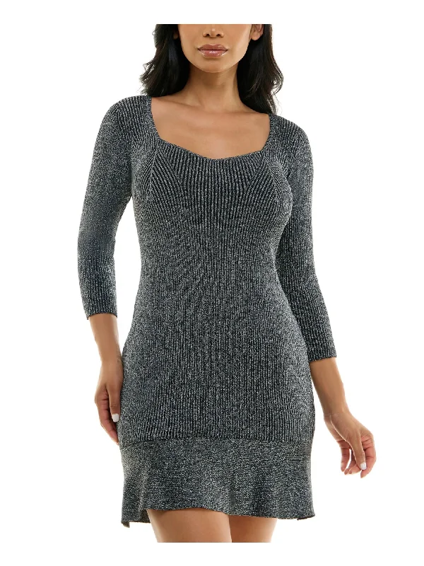 Year-End Clearance BCX DRESS Womens Silver Ribbed Ruffled Hem 3/4 Sleeve Sweetheart Neckline Short Body Con Dress Year-End Clearance BCX DRESS Womens Silver Ribbed Ruffled Hem 3/4 Sleeve Sweetheart Neckline Short Body Con Dress