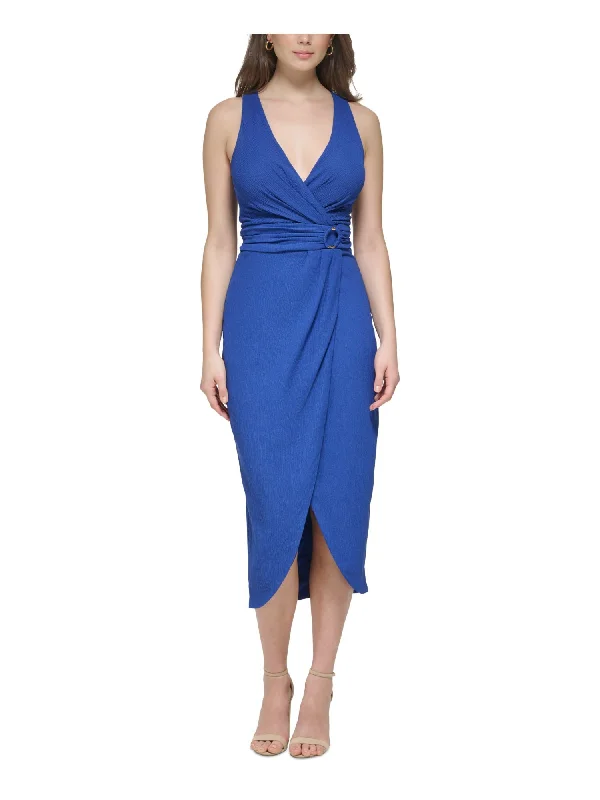 Special Promotion GUESS Womens Blue Lined Gathered O-ring Tulip Hem Sleeveless Surplice Neckline Tea-Length Cocktail Sheath Dress Special Promotion GUESS Womens Blue Lined Gathered O-ring Tulip Hem Sleeveless Surplice Neckline Tea-Length Cocktail Sheath Dress