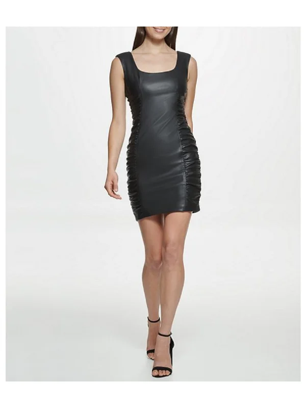 Amazing Deals GUESS Womens Black Faux Leather Ruched Zippered Stretch Lined Sleeveless Square Neck Mini Cocktail Body Con Dress Amazing Deals GUESS Womens Black Faux Leather Ruched Zippered Stretch Lined Sleeveless Square Neck Mini Cocktail Body Con Dress