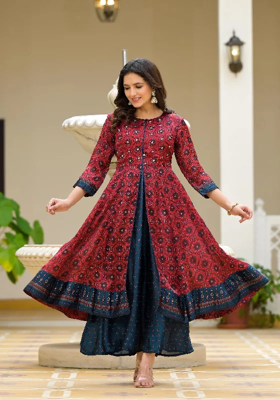Deal Zone Red Ethnic Motif Printed Cotton Maxi Dress With Button