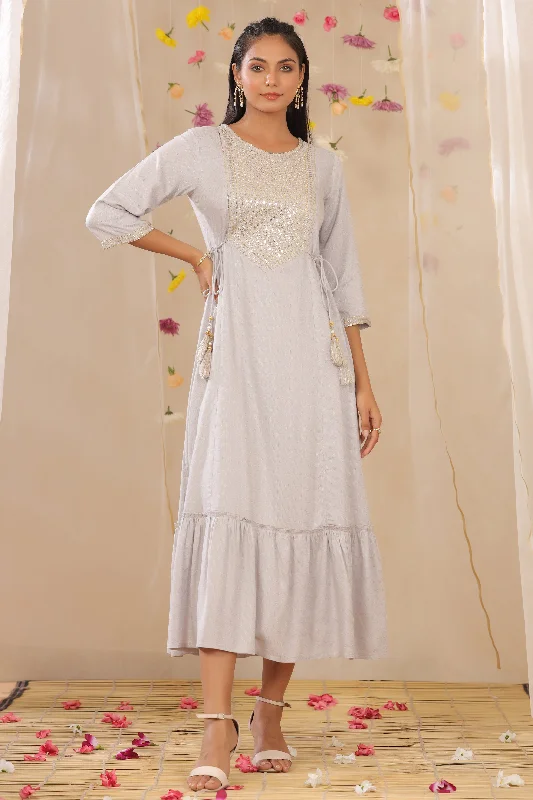 Final Sale Women Grey Rayon Dobby Embroidered Dress
