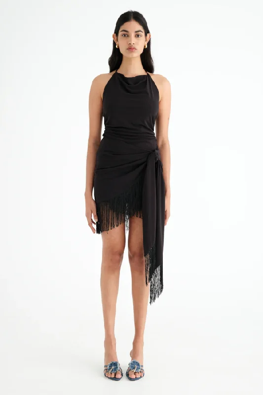 Major Savings Carolina Fringe Halter Dress Black