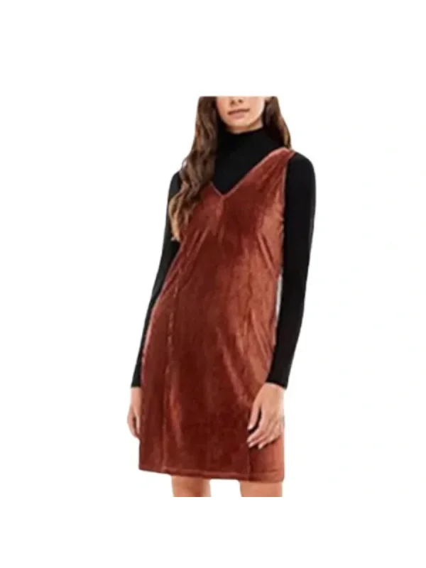 Don’t Miss Out PLANET GOLD Womens Brown Long Sleeve V Neck Shift Dress