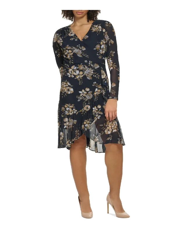 Deal Dash TOMMY HILFIGER Womens Navy Zippered Lined Floral Long Sleeve Surplice Neckline Below The Knee Party Faux Wrap Dress Deal Dash TOMMY HILFIGER Womens Navy Zippered Lined Floral Long Sleeve Surplice Neckline Below The Knee Party Faux Wrap Dress