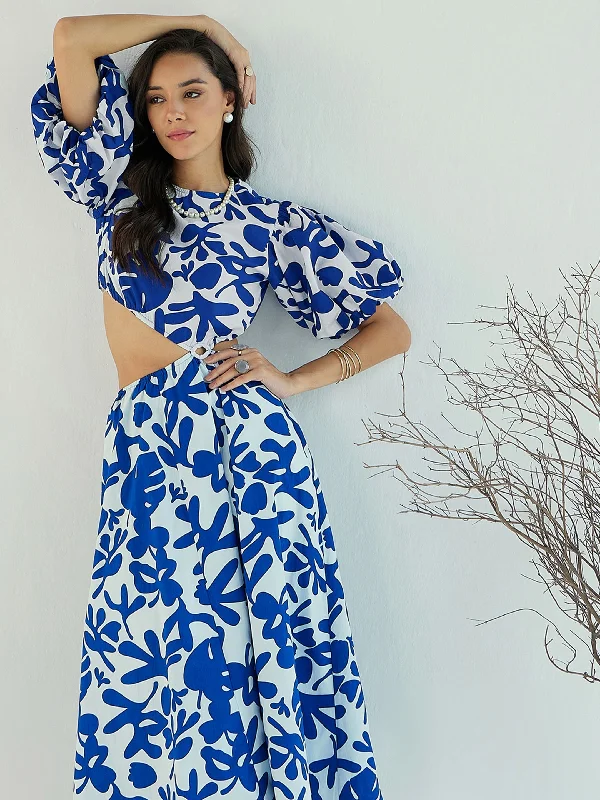 Instant Discount Women Blue & White Floral Side Cut Out Midi Dress