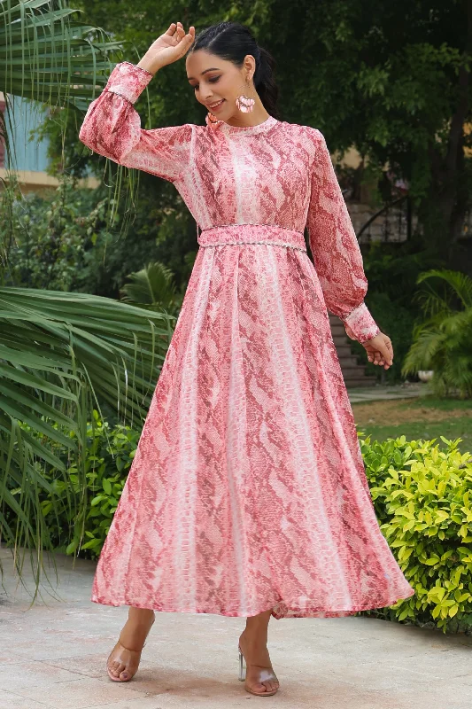 Epic Deals Women Peach Chiffon Animal Dress & Belt