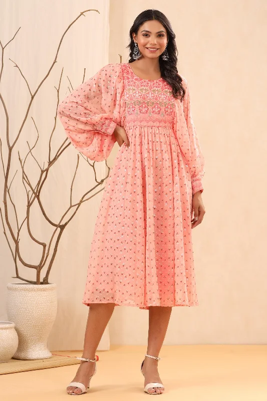 Weekend Special Women Peach Georgette Printed Dress