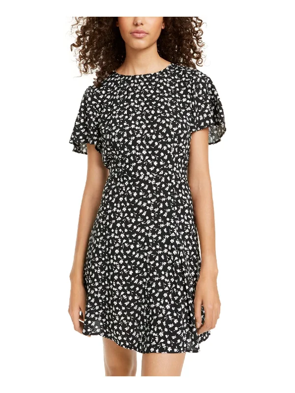 Deal Mania CITY STUDIO Womens Black Floral Short Sleeve Jewel Neck Short Fit + Flare Dress