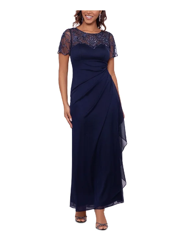 Seasonal Sale XSCAPE Womens Navy Embellished Zippered Pleated Drape Skirt Short Sleeve Boat Neck Full-Length Evening Gown Dress Seasonal Sale XSCAPE Womens Navy Embellished Zippered Pleated Drape Skirt Short Sleeve Boat Neck Full-Length Evening Gown Dress