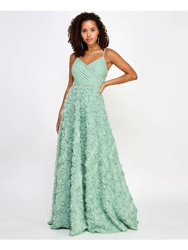 Lowest Prices SAY YES TO THE PROM Womens Green Zippered Embellished 3d Rosettes Pleated Lined Mesh A Spaghetti Strap V Neck Full-Length Prom Gown Dress Lowest Prices SAY YES TO THE PROM Womens Green Zippered Embellished 3d Rosettes Pleated Lined Mesh A Spaghetti Strap V Neck Full-Length Prom Gown Dress