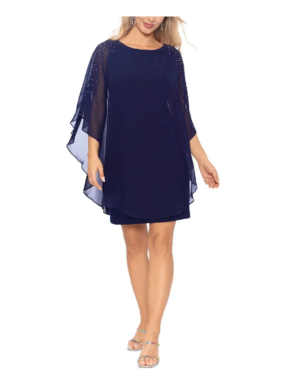 Members Only X BY XSCAPE Womens Navy Embellished Lined 3/4 Split Sleeves Boat Neck Short Sheath Dress