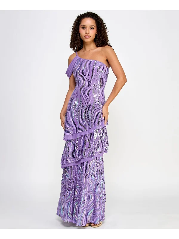 Unmissable Offer MORGAN & CO Womens Purple Sequined Zippered Lined Tiered Single Strap With S Sleeveless Asymmetrical Neckline Full-Length Formal Gown Dress Unmissable Offer MORGAN & CO Womens Purple Sequined Zippered Lined Tiered Single Strap With S Sleeveless Asymmetrical Neckline Full-Length Formal Gown Dress