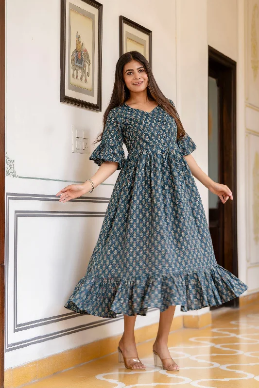 Savings Galore Women Teal Ethnic Printed Flared Dress