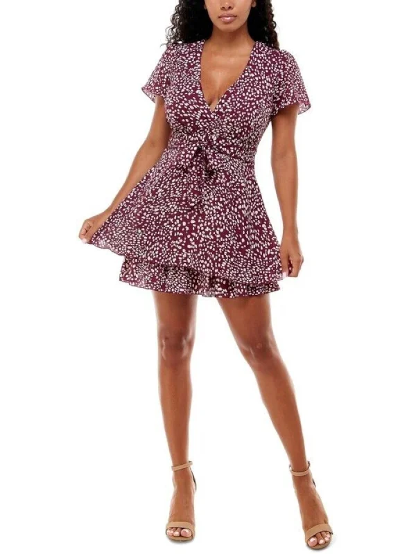 Value Deals EMERALD SUNDAE Womens Purple Zippered Tie Double Skirt Printed Short Sleeve Surplice Neckline Short Party Fit + Flare Dress Value Deals EMERALD SUNDAE Womens Purple Zippered Tie Double Skirt Printed Short Sleeve Surplice Neckline Short Party Fit + Flare Dress