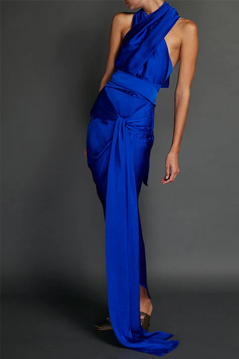 Midnight Sale Blue Washed Satin Draped Halter Dress