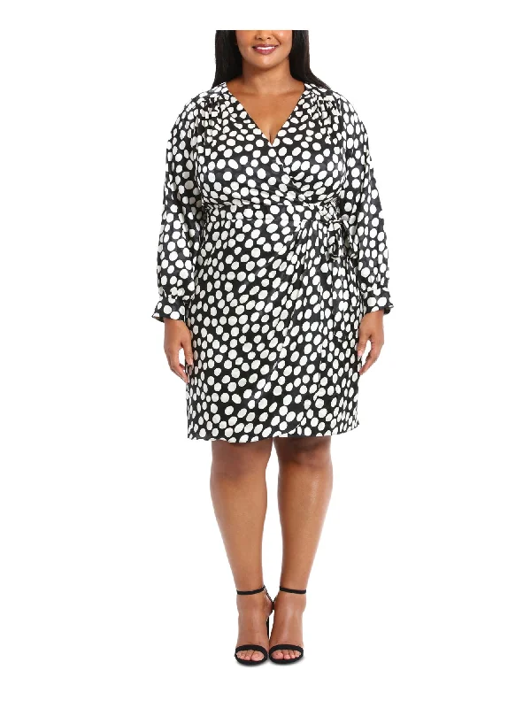 Markdowns LONDON TIMES WOMAN Womens Black Satin Zippered Lined Bow Accent Polka Dot Blouson Sleeve Surplice Neckline Above The Knee Wear To Work Faux Wrap Dress Markdowns LONDON TIMES WOMAN Womens Black Satin Zippered Lined Bow Accent Polka Dot Blouson Sleeve Surplice Neckline Above The Knee Wear To Work Faux Wrap Dress