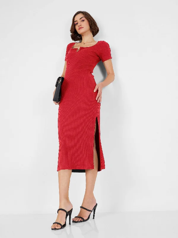 Quick Sale Women Red Rib V-Neck Midi Dress