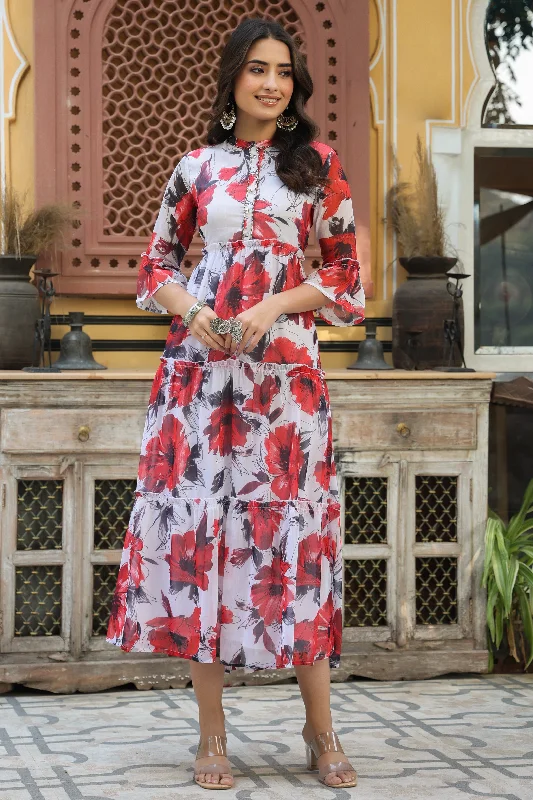 Overstock Sale Women White Chiffon Printed Dress