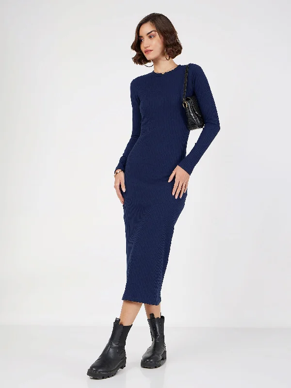 Year-End Sale Women Navy Blue Rib Bodycon Full Sleeves Midi Dress