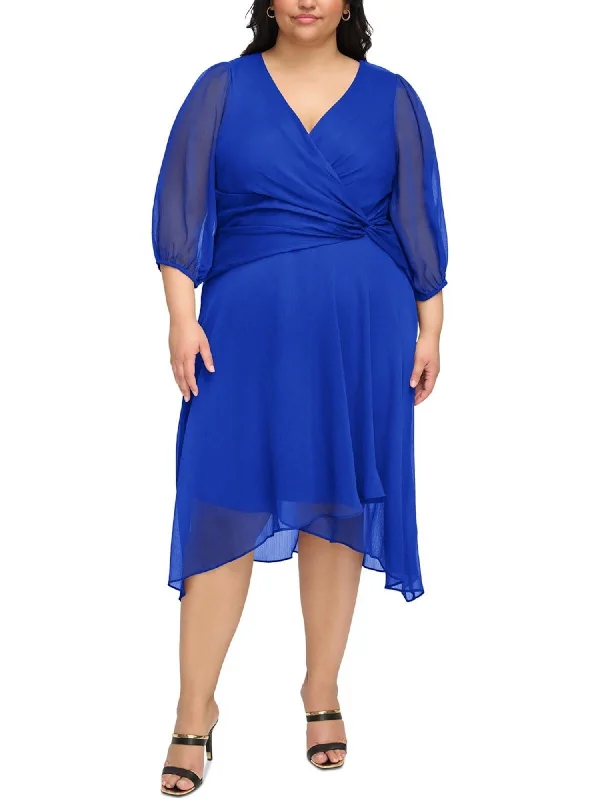 Amazing Deals DKNY Womens Blue Zippered Lined Twist-side Hi-lo Hem Balloon Sleeve Surplice Neckline Midi Party Faux Wrap Dress Amazing Deals DKNY Womens Blue Zippered Lined Twist-side Hi-lo Hem Balloon Sleeve Surplice Neckline Midi Party Faux Wrap Dress